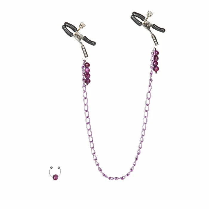 CalExotics Couples Purple Chain Nipple Clamps with Navel Ring