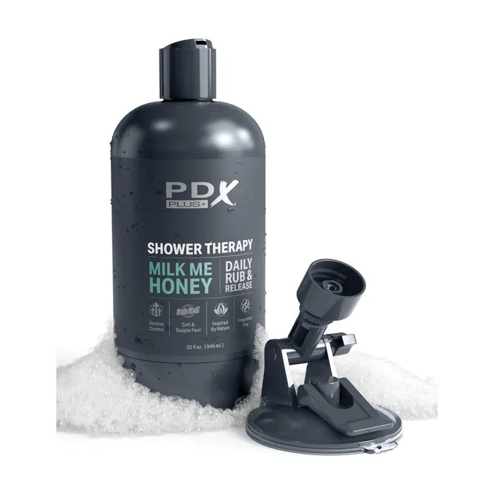 Realistic vagina masturbator in a discreet case with a PDX Milk Me Honey vacuum attachment Pipedream Male Sex Toys